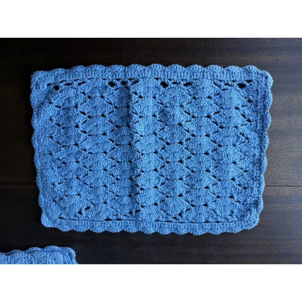 Set Of 8 Handmade Blue Crochet Placemats 17.5” X 11.5”